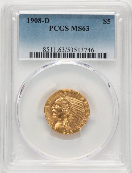 1908-D $5 63 PCGS