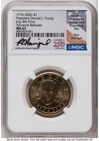 2026 Semiquincentennial President Donald J. Trump $1 (Privy Mark) AR Ron Harrigal America 250 65 NGC