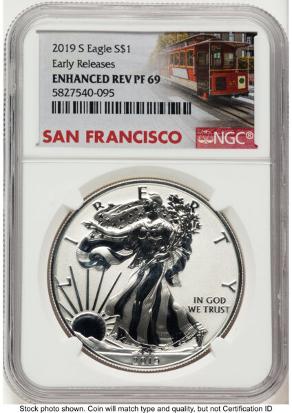 2019-S Enhanced Reverse Proof Silver Eagle 1 oz ER Trolley Label 69 NGC