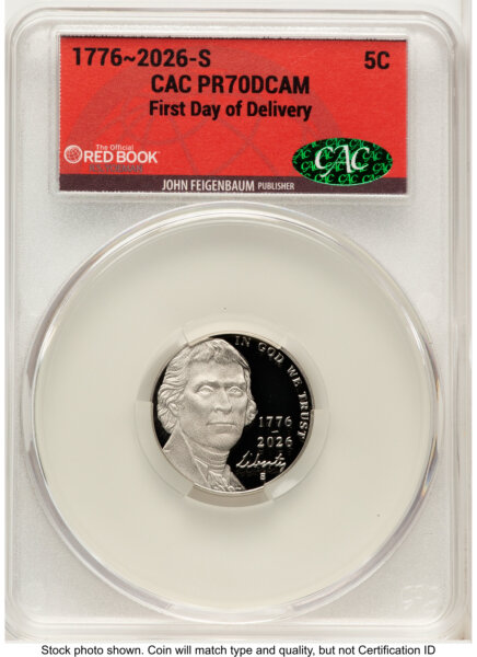 2026-S Semiquincentennial Nickel 5C, PR First Day of Delivery Red Book 70 CACG