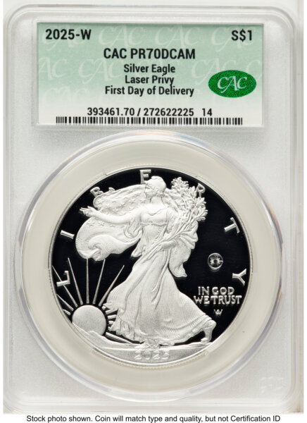 2025-W Proof Silver Eagle Privy Laser Engraved 1 oz First Day Of Delivery 70 CACG