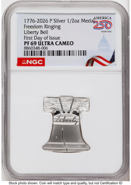 2026-P Freedom Ringing Liberty Bell 1/2 oz Silver Medal FDI America 250 Congress Building Label 69 NGC