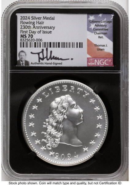 2024-(P) Silver 230th Anniversary Flowing Hair Medal FDI Thomas Uram Blk Core 70 NGC