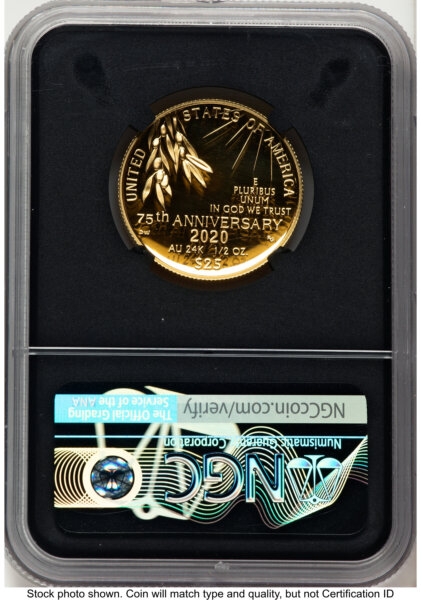2020-W 1/2 oz Proof Gold End of World War II 75th Anniversary ER V-Day Label Blk Core 70 NGC