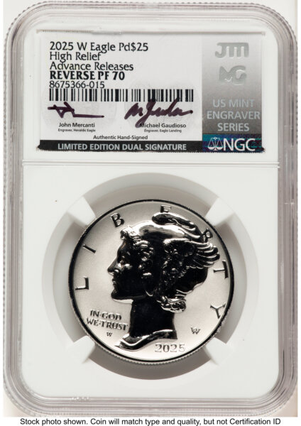 2025-W Palladium Eagle 1 oz, REV PR AR John Mercanti/Michael Gaudioso US Mint Engraver Series 70 NGC