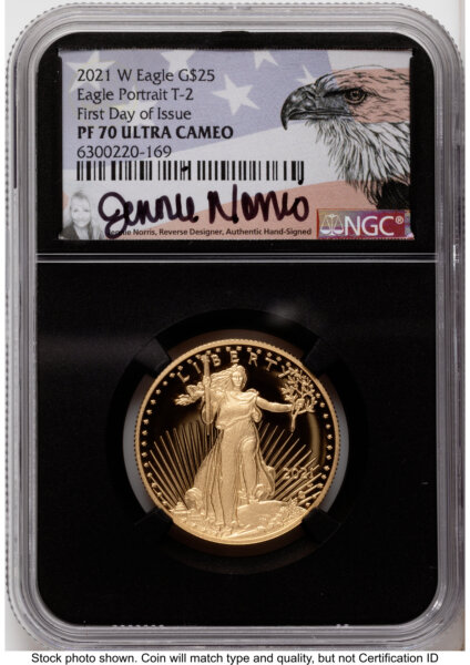 2021-W Type 2 Proof Gold Eagle 1/2 oz FDI Jennie Norris Eagle Flag Blk Core 70 NGC