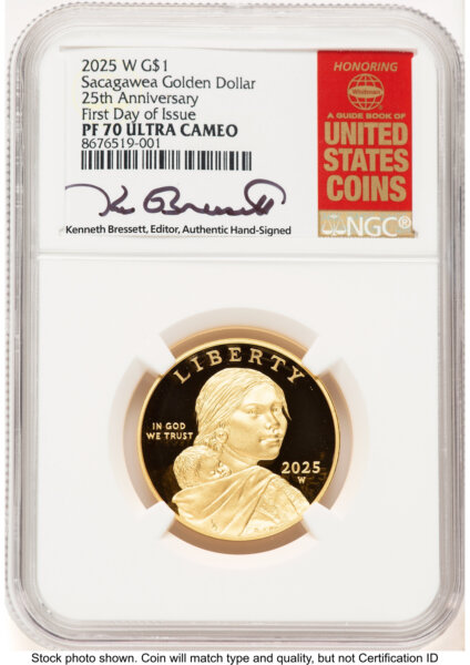 2025-W 1/2 oz Proof Gold Sacagawea 25th Anniversary FDI Kenneth Bressett Red Book 70 NGC