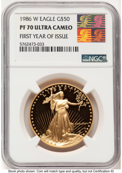 1986-W Proof Gold Eagle 1 oz Reagan Bust Art First Year of Issue 70 NGC