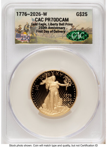 2026-W Proof Gold Eagle 1/2 oz First Day of Delivery America 250 70 CACG
