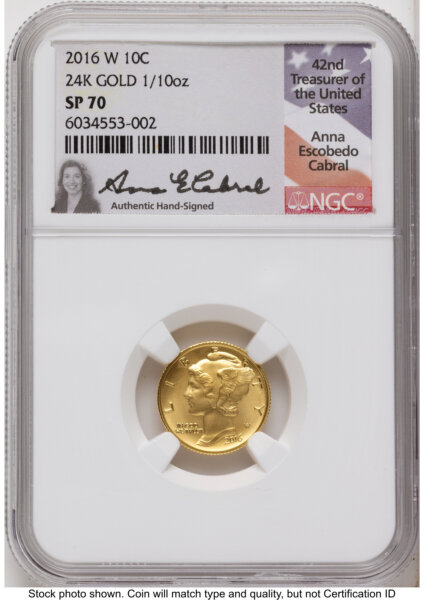 2016-W 10C Mercury Dime 100th Anniversary Gold Centennial  Anna Cabral 70 NGC