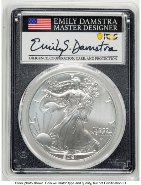2021 Silver Eagle Type 2 FDI Emily Damstra Blk Frame 70 PCGS