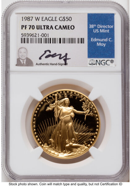 1987-W Proof Gold Eagle 1 oz Ed Moy 70 NGC