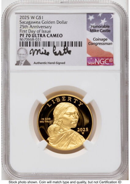 2025-W 1/2 oz Proof Gold Sacagawea 25th Anniversary FDI Mike Castle 70 NGC