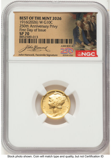 2026 2 Coin Best of the Mint 1916 Mercury Dime Gold 1/10 oz and Silver 1 oz Medal Set FDI America 250 John Hancock Label 70 NGC