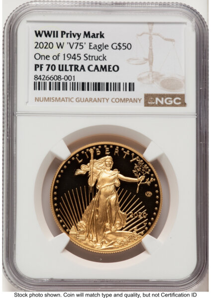 2020-W Proof Gold Eagle V75 Privy One of 1945 Struck 1 oz Brown Label 70 NGC