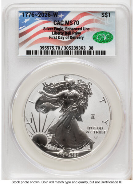 2026-W Enhanced Silver Eagle 1 oz First Day of Delivery Flag Label 70 CACG