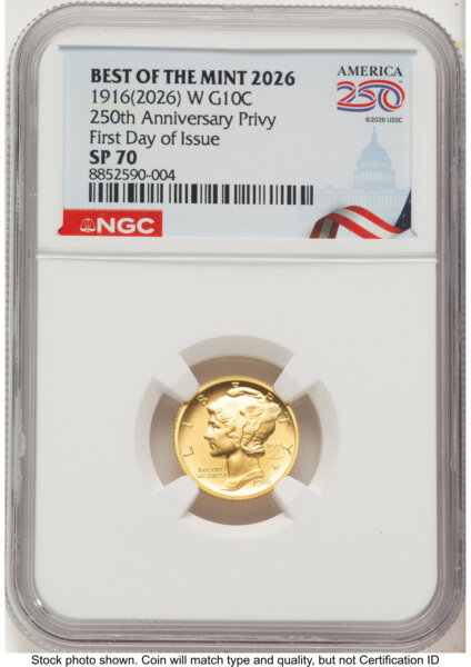 2026 2 Coin Best of the Mint 1916 Mercury Dime Gold 1/10 oz and Silver 1 oz Medal Set FDI America 250 Congress Building Label 70 NGC