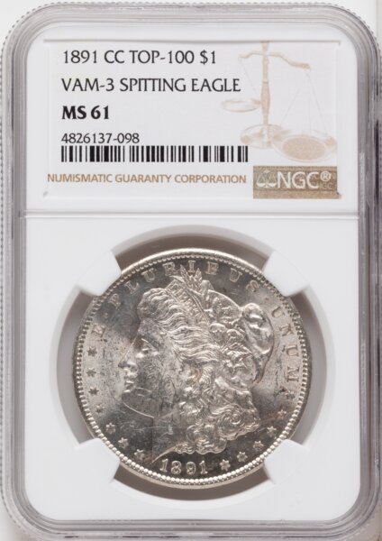 1891-CC $1 VAM-3, Spitting Eagle, MS 61 NGC