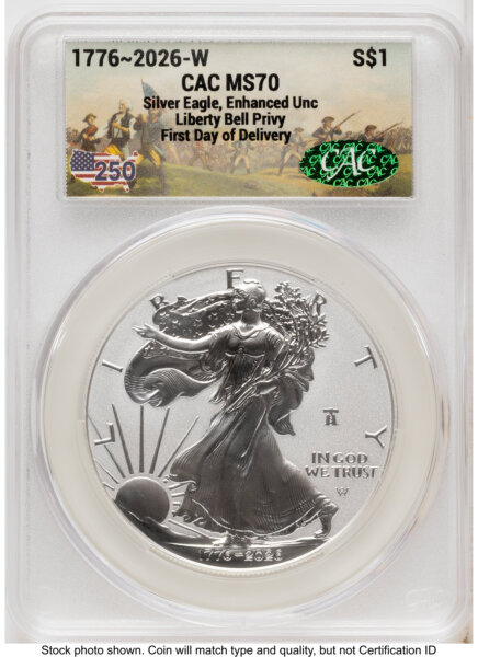 2026-W Enhanced Silver Eagle 1 oz First Day of Delivery America 250 70 CACG