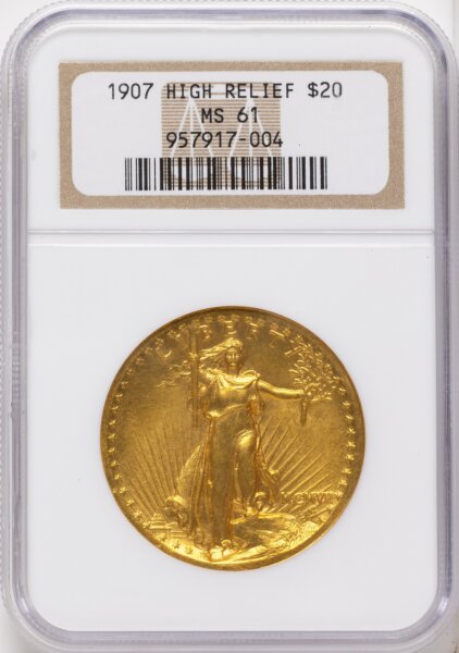 1907 $20 High Relief, Wire Rim, MS 61 NGC