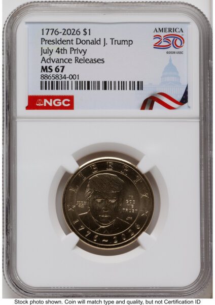 2026 Semiquincentennial President Donald J. Trump $1 (Privy Mark) AR America 250 Congress Building Label 67 NGC