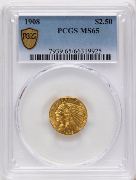 1908 $2 1/2 PCGS Secure 65 PCGS