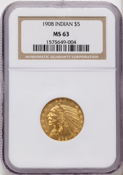 1908 $5 Indian, MS 63 NGC
