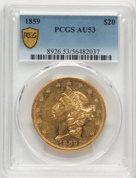 1859 $20 PCGS Secure 53 PCGS