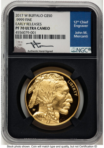 2017-W Proof Gold Buffalo 1 oz ER John Mercanti Blue Blk Core 70 NGC