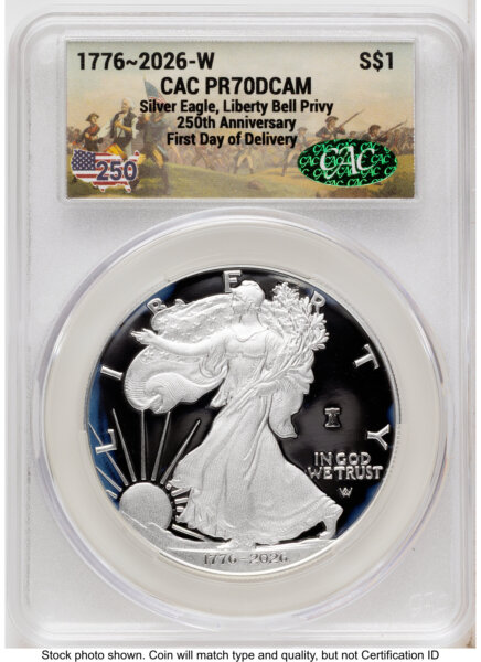 2026-W Proof Silver Eagle 1 oz First Day of Delivery America 250 70 CACG