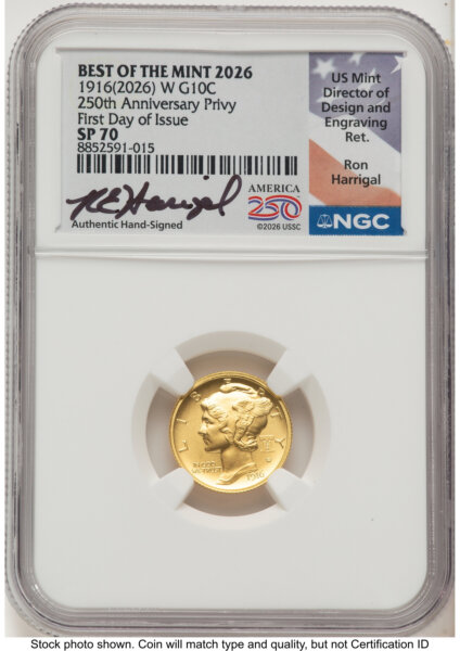 2026 2 Coin Best of the Mint 1916 Mercury Dime Gold 1/10 oz and Silver 1 oz Medal Set FDI Ron Harrigal America 250 70 NGC