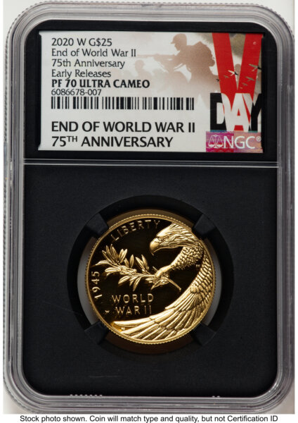 2020-W 1/2 oz Proof Gold End of World War II 75th Anniversary ER V-Day Label Blk Core 70 NGC