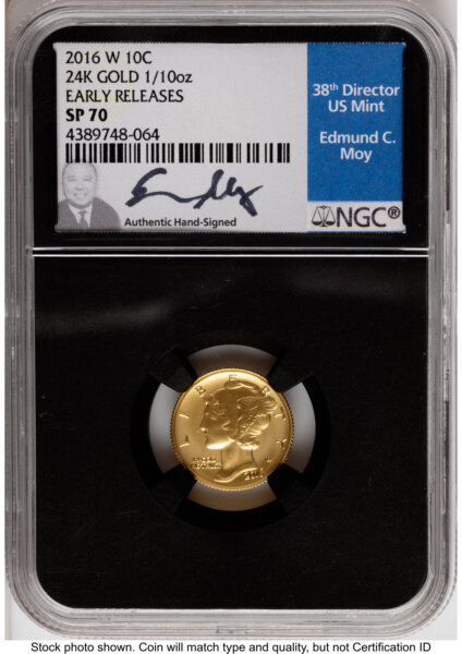 2016-W 10C Mercury Dime 100th Anniversary Gold Centennial  ER Ed Moy Blk Core 70 NGC