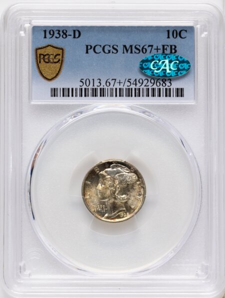 1938-D 10C, FB CAC PCGS Secure PCGS Plus 67 PCGS