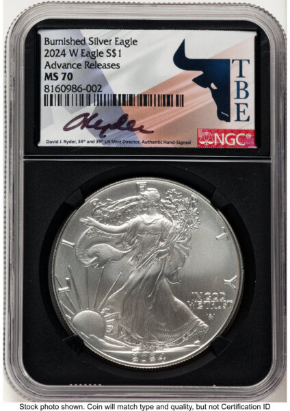 2024-W Burnished Silver Eagle 1 oz AR David J Ryder TBE Label Blk Core 70 NGC