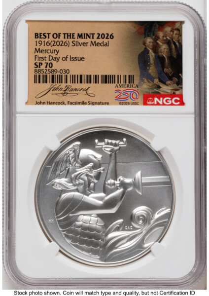 2026 Best of the Mint 1916 Mercury Silver Medal 1 oz FDI America 250 John Hancock Label 70 NGC