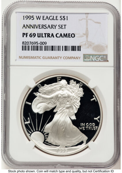1995-W Proof Silver Eagle 1 oz Brown Label 69 NGC