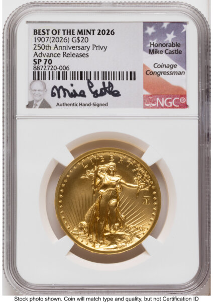 2026 2 Coin Best of the Mint 1907 Saint Gaudens $20 Gold 1 oz and Silver 1 oz Medal Set AR Mike Castle 70 NGC