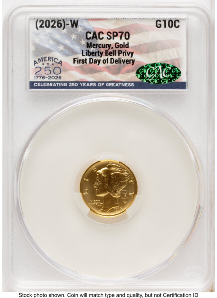 2026 2 Coin Best of the Mint 1916 Mercury Dime Gold 1/10 oz and Silver 1 oz Medal Set First Day of Delivery America 250 Flag Label 70 CACG