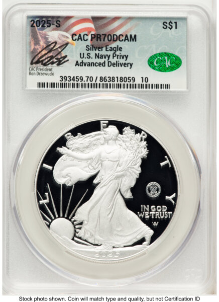 2025-S Proof Silver Eagle Privy U.S. Navy 250th Anniversary 1 oz Advanced Delivery Ron Drzewucki 70 CACG