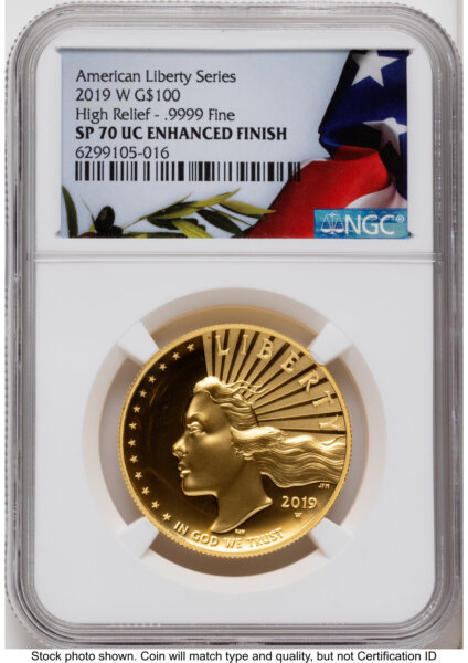 2019-W G$100 American Liberty High Relief, Enhanced, UC Bunting Flag 70 NGC