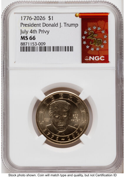 2026 Semiquincentennial President Donald J. Trump $1 (Privy Mark) 250th Red Bell Banner Label 66 NGC
