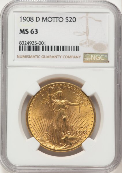 1908-D $20 MOTTO 63 NGC
