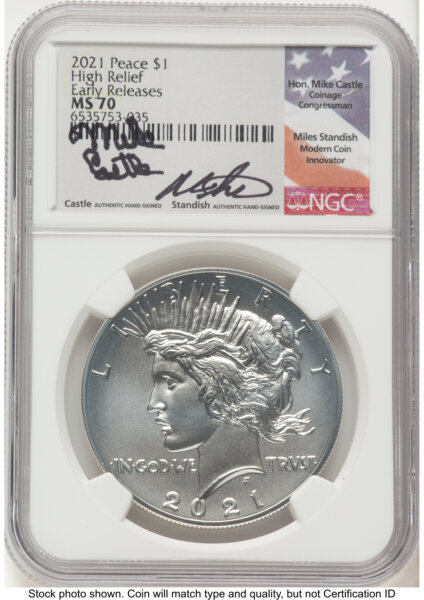 2021 S$1 Peace Dollar, MS ER Mike Castle/Miles Standish 70 NGC