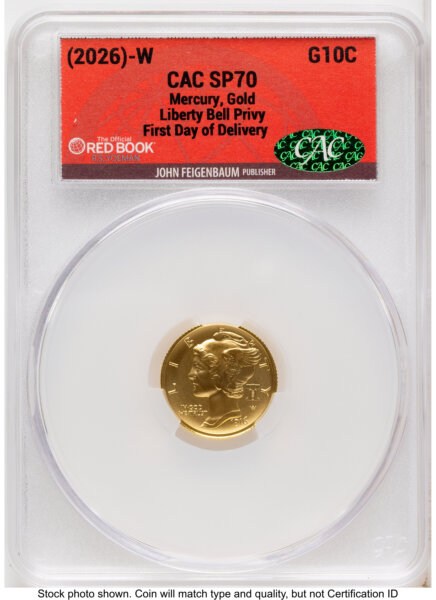 2026-W Best of the Mint 1916 Mercury Dime Gold 1/10 oz First Day of Delivery Red Book 70 CACG