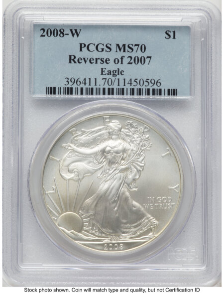 2008-W Reverse of 2007 Burnished Silver Eagle 1 oz Blue Label 70 PCGS