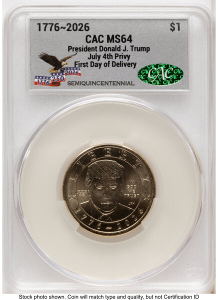 2026 Semiquincentennial President Donald J. Trump $1 (Privy Mark) First Day of Delivery America 250 Eagle with Banner Label 64 CACG