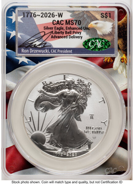 2026-W Enhanced Silver Eagle 1 oz Advanced Delivery Ron Drzewucki Flag Core 70 CACG