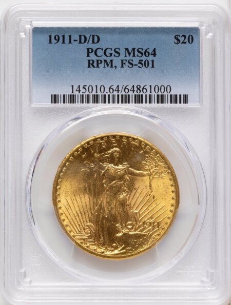 1911-D/D $20 RPM FS-501 64 PCGS