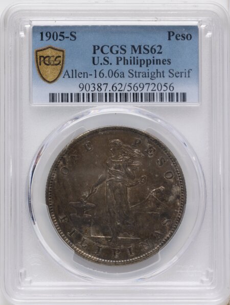 1905-S Philippines Peso, Straight Serif, MS PCGS Secure 62 PCGS